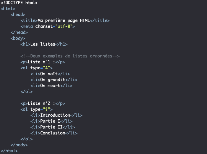 L'attribut type des listes ordonnées en HTML