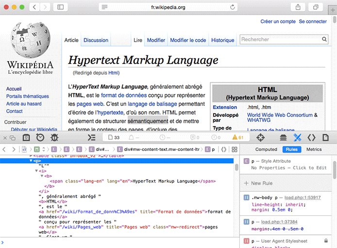 Affichage du code HTML dans la console du navigateur