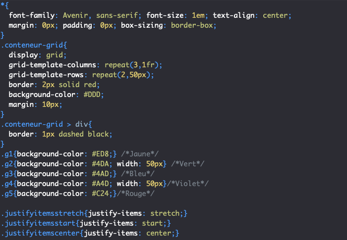 On utilise la propriété justify-items pour aligner les éléments d'une grille dans l'axe de ligne
