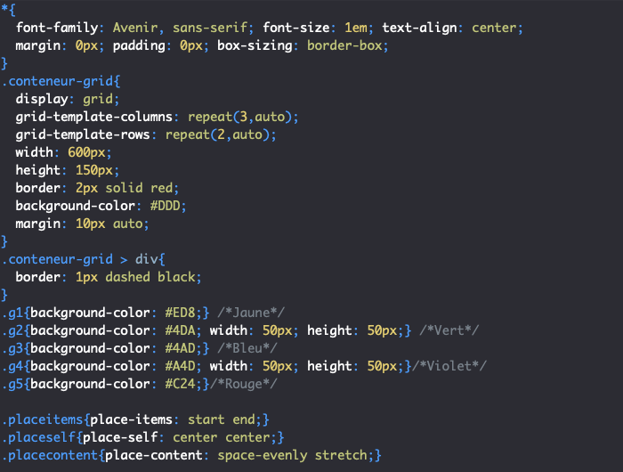 On utilise les propriétés raccourcies place-items place-self et place-content pour aligner des éléments dans une grille CSS