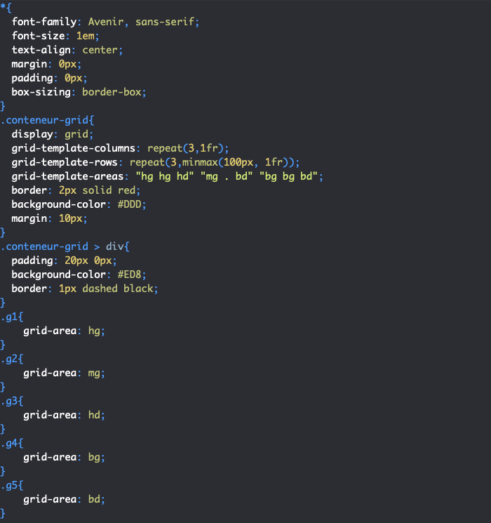 On nomme les zones de grille créées avec grid-area en CSS