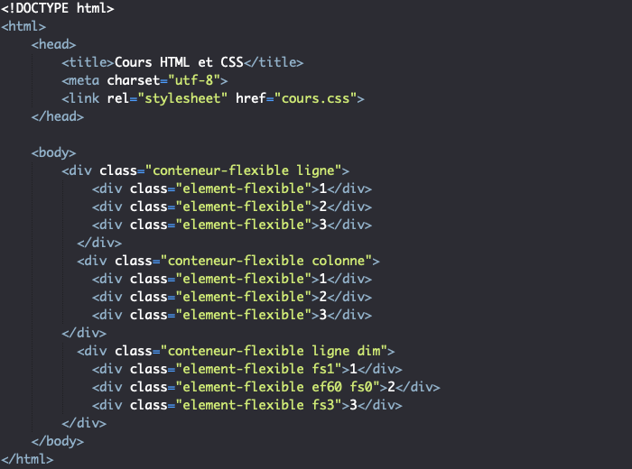 Support HTML pour exemple d'utilisation de la propriété CSS flex dans un contexte flexbox