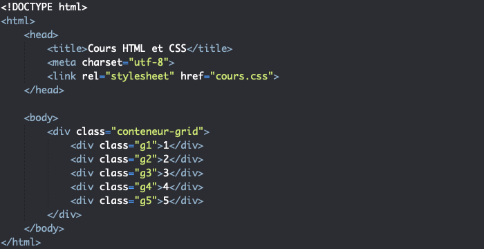 Support HTML pour exemple de positionnement automatique d'éléments dans une grille CSS