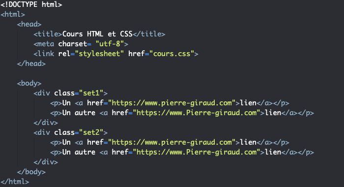 Support HTML pour exemple d'utilisation de sélecteurs CSS d'attributs