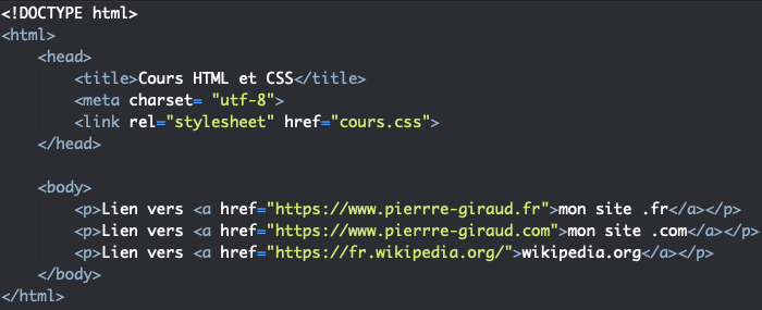 Support HTML pour exemple d'utilisation de sélecteurs CSS d'attributs