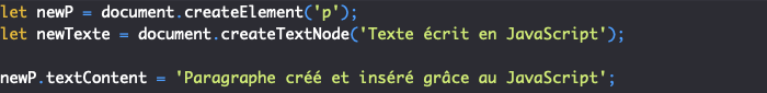On crée un noeud DOM texte avec la méthode JavaScript createTextNode