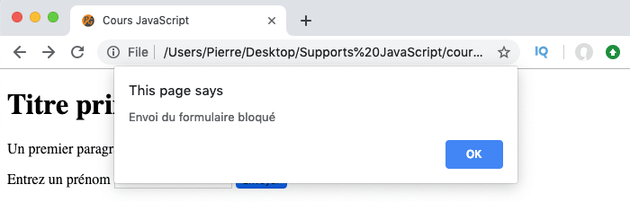 Exemple d'utilisation de preventDefault en JavaScript pour annuler le comportement par défaut d'un évènement