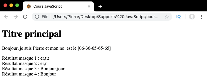 Les sous masques délimités par les parenthèses dans nos expressions régulières JavaScript sont capturants 