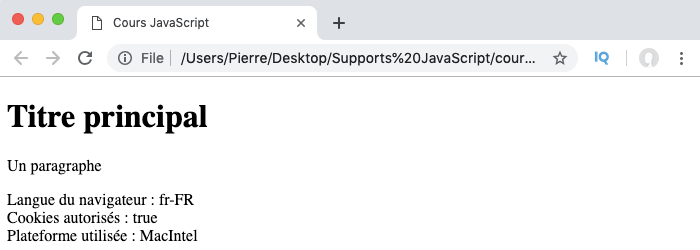 Exemple d'utilisation des propriétés de l'objet JavaScript Navigator