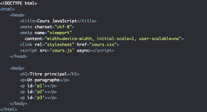 Code HTML support pour présentation des propriétés de l'objet JavaScript Navigator