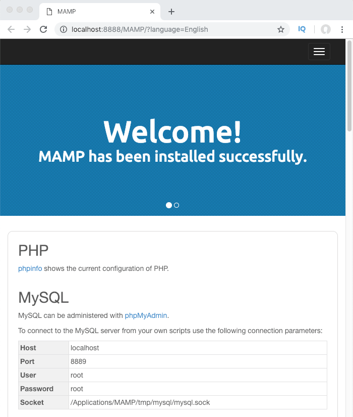 Page d'accueil de MAMP après lancement des serveurs