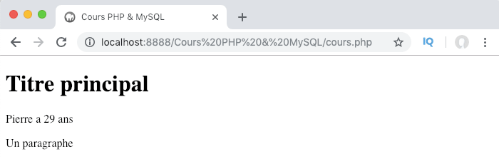 On affiche les valeurs de notre tableau associatif PHP grâce aux clefs textuelles