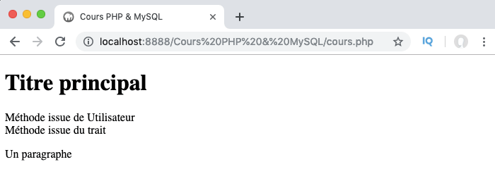 Exemple illustrant l'ordre de précédence entre trait et classe fille en cas de surcharge de méthode dans une classe en PHP objet