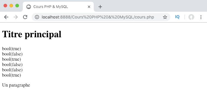 Exemple d'utilisation des opérateurs de comparaison en PHP et résultats renvoyés