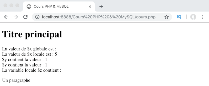 Exemple d'illustration de la notion de portée des variables en PHP ou scope