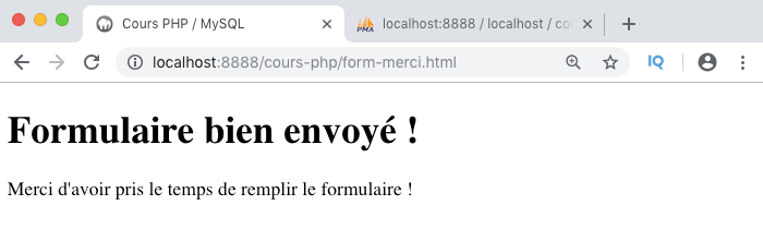 Résultat envoi de données via un formulaire HTML et stockage en base de données mysql avec pdo en php