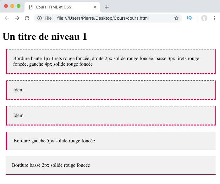 Illustration exemple création de bordures différentes en CSS autour des éléments HTML