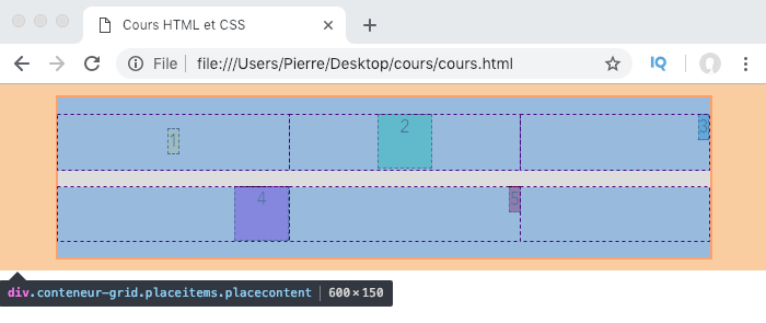 On aligne les éléments de grilles avec les propriétés raccourcies place-items place-self et place-content
