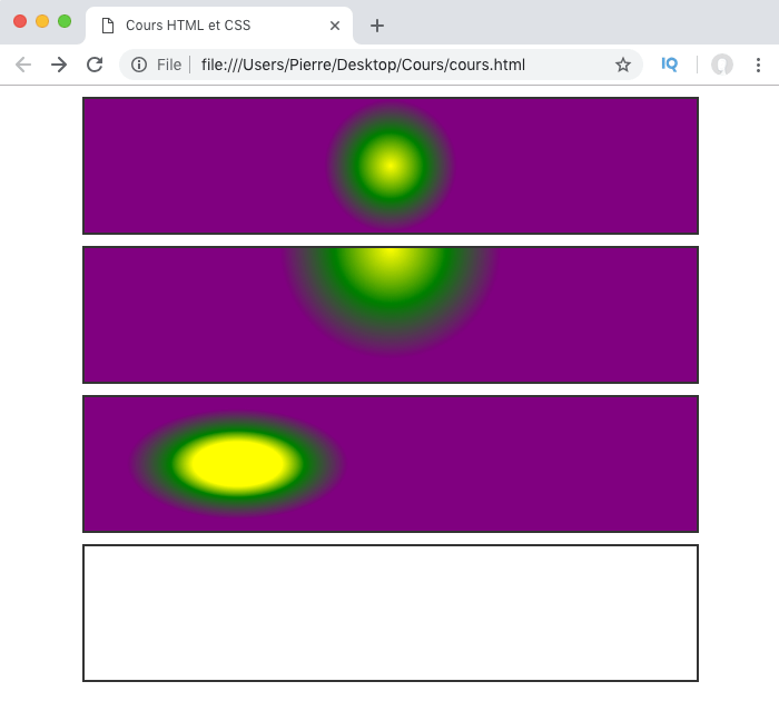 On crée des dégradés radiaux avec radial-gradient avec des formes différentes