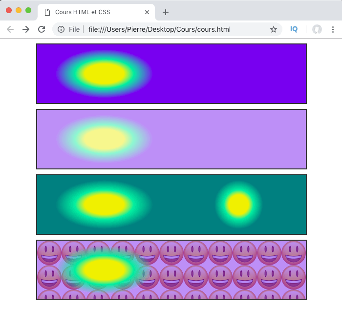 On définit plusieurs dégradés radiaux avec radial-gradient qu'on place en fond de nos éléments