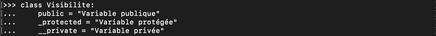 Définition variables de classe public, protected et private en Python orienté objet