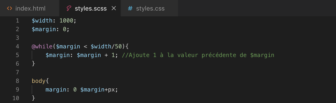 Présentation de la boucle while sass - scss