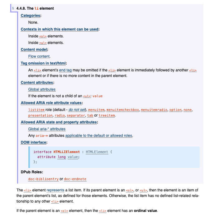 Element HTML li reference documentation officielle