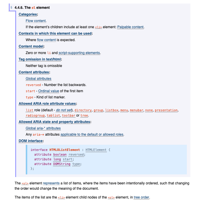 Element HTML ol reference documentation officielle
